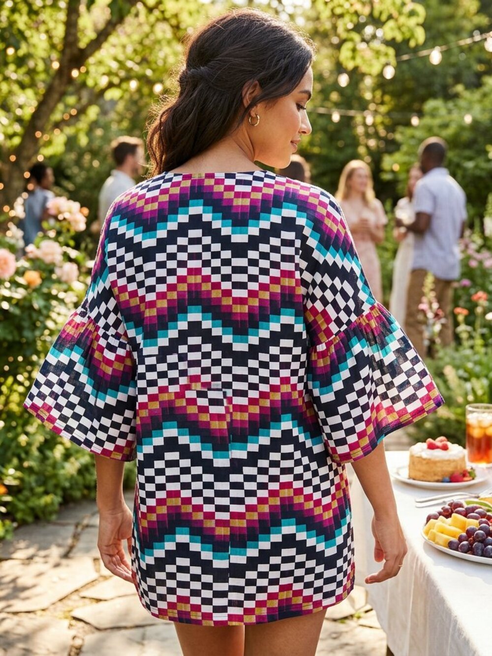 AZULES Bell Ruffle Sleeve XL Long-Line Chevron Print Top Preowned